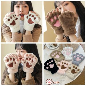 THANKSKY Nửa ngón tay Găng tay vuốt mèo vải nhung lông Màu trơn Màn hình cảm ứng Găng tay chân gấu Dễ thương Chống gió Găng tay hở ngón nữ Nữ