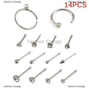 [COD] Fashion Change 14PCS Set Stainless Steel Nose Hoop Septum Ring Bone Studs Body
