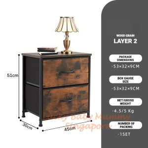Fabric Drawer Sidetable | 2-Tier Bedside Cabinet with Wooden Top & Steel Frame【Rainbow Culture】