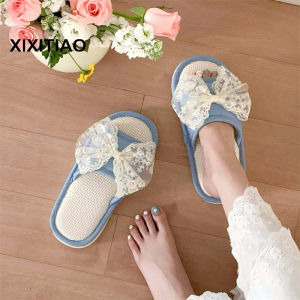 XIXITIAO Indoor Slippers Cotton Slippers Breathable Floor Shoes Sweet Lace Bow Four Seasons Student Home New Slippers for Women