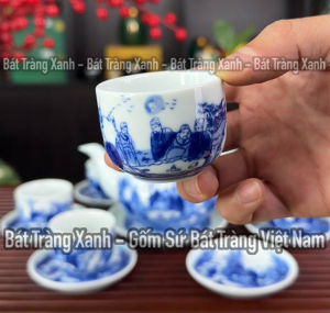 Bộ Ấm Pha Trà Quả Hồng Khay Đĩa Đơn Men Lam Bát Tràng Trúc Lâm Thất Hiền - Ấm Dung Tích 350ML