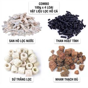 Combo 400g Vật Liệu Lọc Hồ Cá Chuẩn: Than Hoạt Tính Sứ Trắng San Hô Nham Thạch