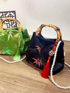 Bamboo-handle vintage brocade handbag Hanfu-style pearl crossbody bag Chinese-style bag cheongsam bag for mom