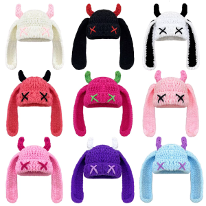Knitted Brimless Hat With Long Ear Cosplay Devil Horn Hat For Halloween Party Christmas Festival Event Dressingup