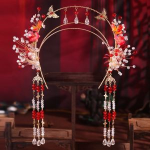 Y2K2 สไตล์จีนจีน เจ้าสาว tiaras พู่ห้อยคอ หรูหราสุดหรู ที่คาดผมแต่งงาน ประณีตประณีตประณีต ดอกไม้ประดับดอกไม้ ผ้าโพกศีรษะเจ้าสาว อุปกรณ์เสริมผม