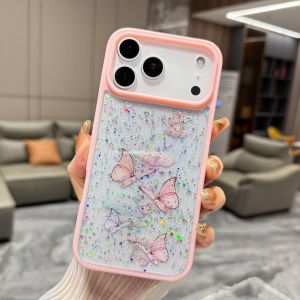 Bling Glitter Painting Butterfly Case For iPhone Air 17 16 E 14 15 13 12 11 Pro Max Plus Mini Aesthetic Epoxy Transparent Cover