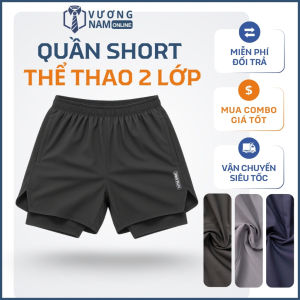 Quần đùi thể thao nam 2 lớp tập GYM chạy bộ vải dù gió túi sau để ĐT LOGO phản quang xẻ chữ V VNO173