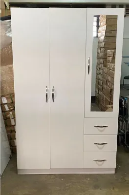 Minimalist Bedroom Wardrobe Clothing Closet Cabinet with Mirror Three Doors & Drawers 120cm x 50cm x 195cm