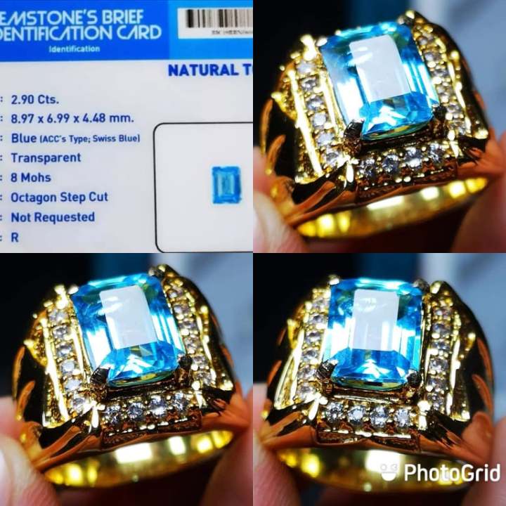 Cincin Batu Natural Permata Swiss Blue Topaz Octagon Top Luster Memo Acc  Lab