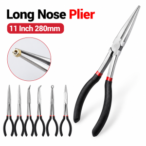 KENJE 1Pcs 11 Inch Long Nose Pliers 280mm Long Handle Carbon Steel Circle Nose Pliers Durable 0 25 45 90 Degree Tips Plug Puller Pliers for Industrial DIY Car Repair