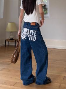 American retro loose straight-leg printed jeans for women high street wide-leg floor-length cleanfit Long pants