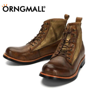 ORNGMALL Handmade Leather Men Boots Retro Ankle Boots Autumn Winter Punk Street Style Motorcycle Boots Men High Top Lace-Up Boots Chunky Botines Big Size 38-48