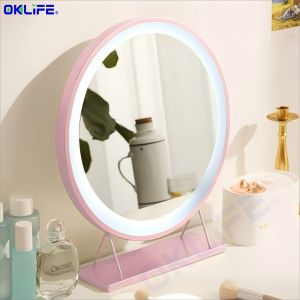 [OKLIFE.SG ]LED light desktop makeup mirror desktop makeup mirror round mirror large mirror HD makeup mirror