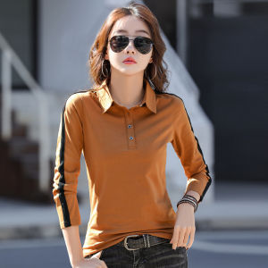 2022 Fashion black Long sleeve Polo shirt for women cotton Korean style womens blouse Slim hit color Polo tee ol workwear lapel T-shirt casual all-match solid color Button-down ladies clothes