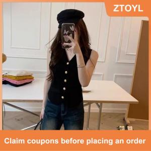 【ZTOYL】 French Retro Solid Color V-neck Single-breasted Sleeveless Knitted Vest For Women