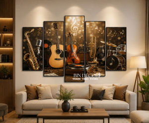 Tranh treo tường âm nhạc bộ 5 tấm trang trí decor kèm đinh