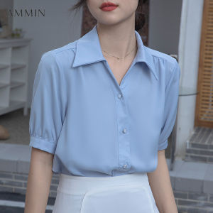 AMMIN Korean Style Short Sleeve Casual Office Commuter Chiffon Shirt For Women Summer V-Neck Loose Puff Sleeve Chiffon Top
