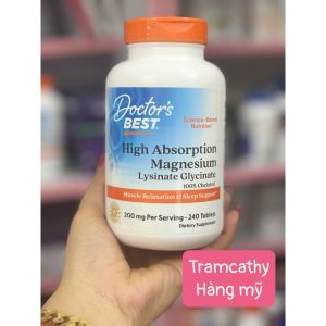 Tramcathy-Viên uống Doctor’s Best Magnesium 240 viên – Dạng Glycinate dễ hấp thu hỗ trợ giấc ngủ giảm căng thẳng