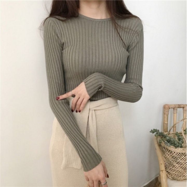 Korean Style Round-Neck Long Sleeves Knitted Tops for Women