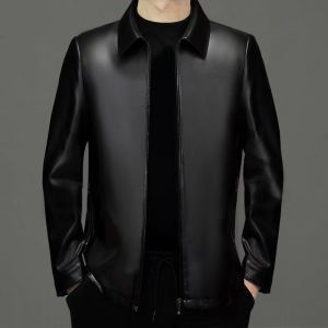 Mens Lapel Leather Jacket Luxury High-end Informal Leather Jacket For Middle-aged And Elderly
