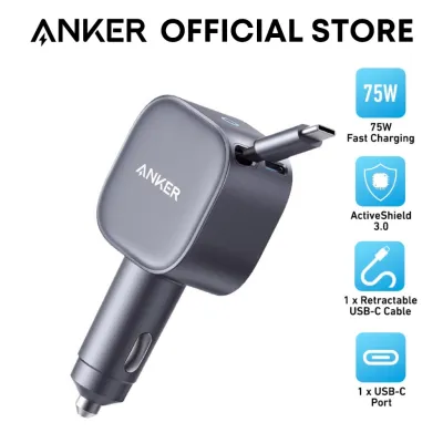 Anker Nano Car Charger 75W Fast Charging Built-in USB C Retractable Cable Compact Car Adapter A2738