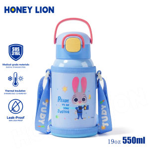 HoneyLion - Anti-Leak Locking Thermos 550ML 316L Stainless Steel Non-Slip Base Thermal Bottle with Shoulder Strap for Kids School Students Outdoor Sports Water Flask