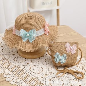 Perfect Mom and Baby Kids Straw Sun Hat And Bag Set Breathable Bow UV Protection Beach Travel For Girls Age 2 8