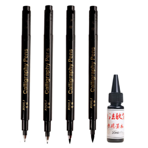 4Pcs Professional Refillable Calligraphy Pen Set Soft Tip Brush Pen Includes 25ML Inks Bottle for Handwriting Sketching