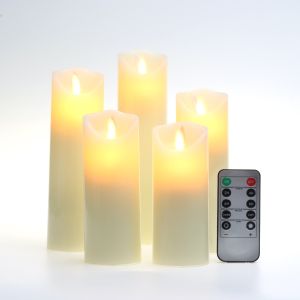 Set of 5 Flameless Candles Battery Operated Diameter 5.3cm Real Wax Pillars & Moving Flame Wick LED Candles and 10-Key Remote Control with Timer Function 300+ Hours Ivory
