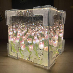 Handmade DIY Tulip Flower Sea Night Atmosphere Lamp Clouds Tulip Lamp LED Night Light Mirror Table Lamp Bedroom Decor Lights