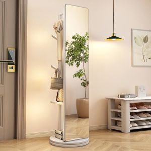 ⚡Rotating full body mirror floor standing mirror movable solid wood integrated assembly mirror with wheels and hooks.