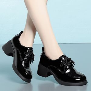 Lace-Up Heels Patent Leather Pumps Korean Mid-Heel Shoes Soft Sole Comfortable Heels