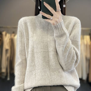 Autumn and Winter Semi-Turtleneck Womens Clothing 100% Mink Cashmere Sweater Women Knitted Pullover Checkered Long-Sleeved Tops