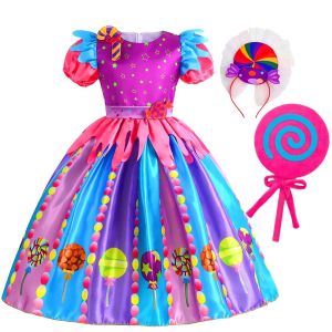2026 Purim Festival Suspender Rainbow Dress For Girl Candy Lollipop Costume Party Gift Candy Dress + Lollipop Accessories Suit2026