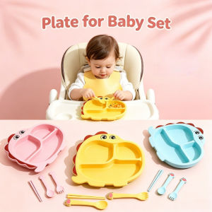 Kid Compartment Feeding Dish Utensil Kit Baby Food Plate Comes with Fork and Spoon for Mealtime