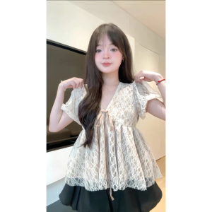 Áo Babydoll Cổ Tim Thắt Nơ Phối Ren Tay Bồng Tiểu Thư Siêu Xinh MS154