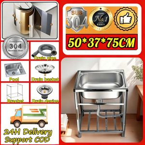 Miroon sinki dapur 304 stainless steel kitchen sink 50*37*75 / 60*48*75 cm single bowl with stand or faucet and strainer set Commercial Restaurant Sink Laundry Sink Outdoor Sink