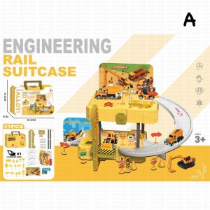 Ready Stock 31PCS kids racing Car toys Construction Military FireTruck Vehicle Track Rail suitcase Playset Toy