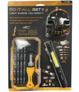 FARPOINT Do-It-All Set II 22PC Ratchet Driver Set - Versa Beam Flashlight - COB LED Headlamp