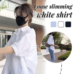 Korean Style Women Loose Slimming Thin White Shirt Casual Plain Blouse Batwing Sleeve Top