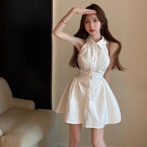 Wanita Gaun Tak Berlengan Kemeja Atas A-line Pinggang Elastis Rok Kerah Polo