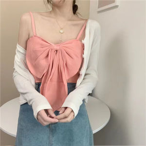 สายเดี่ยวไหมพรมเอวลอยครึ่งตัว แต่งจีบโบว์ใหญ่ เสื้อสายเดี่ยวเเฟชั่น เสื้อสายเดี่ยวน่ารักๆ