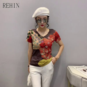 REHIN Womens top Fashion print with diamonds V-neck short-sleeved T-shirt slim-fit S-3XL elegant blouse