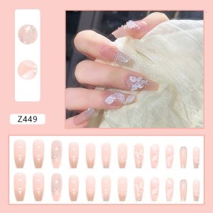 Set 24 móng tay giả MIA màu hồng pha lê bướm trắng ruy băng Z449
