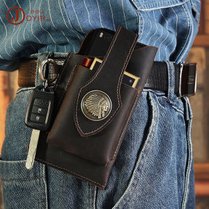 Genuine Leather Cell Phone Holster Waist Bag Men Vintage Crazy Horse Cowhide Small Mini Belt Waist Pack Pouch Wallet Pocket Belt Loop Hoop
