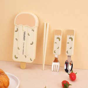 GAOSU Mẫu hoạt hình Bộ đồ dùng ăn uống Popsicle có hộp lưu trữ Thép không gỉ 304 Bộ đũa nĩa thìa cho trẻ em Dễ thương Có thể tái sử dụng Bộ dao dĩa kem Trường học