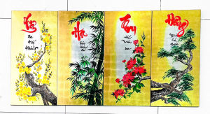 Bộ Tranh sơn mài 4 tấm XUÂN HẠ THU ĐÔNG size 60x120 cm nền dát vàng cao cấp hàng xuất khẩu