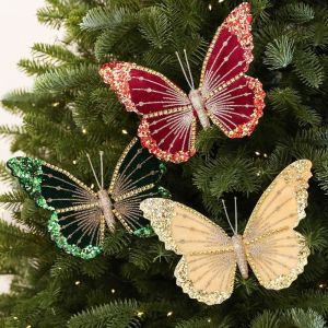 OOG Glitter Velvet Christmas Butterfly Ornament Clip-On Flocked Christmas Tree Butterfly Decor Scene Decoration Fabric Art Butterfly Tree Pendant Xmas Tree Decor