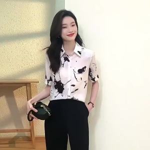 Ammin 2024 mùa hè đơn giản ve áo thời trang in màu mực đi lại áo voan cho phụ nữ phong cách Hàn Quốc tay ngắn áo blouse thanh lịch