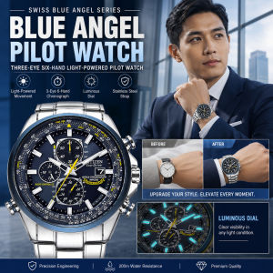 Mens threeeyes sixhands quartz steel band watch blue angel dynamic movement old iron six hands
